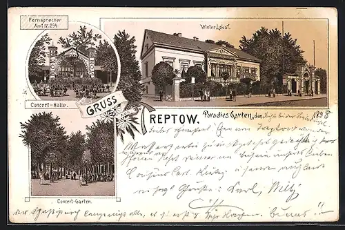 Vorläufer-Lithographie Berlin-Treptow, 1895, Gasthaus Paradies Garten, Winter Lokal, Concert Halle und Garten