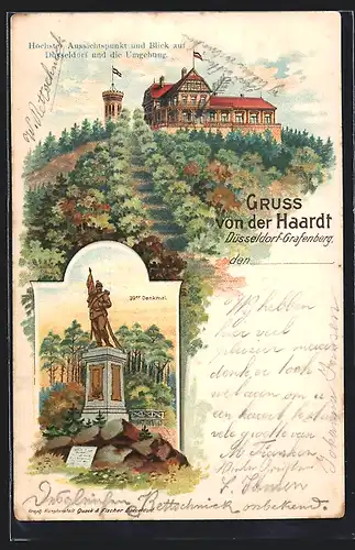 Lithographie Düsseldorf-Grafenberg, Gasthaus auf der Haardt, 39er Denkmal