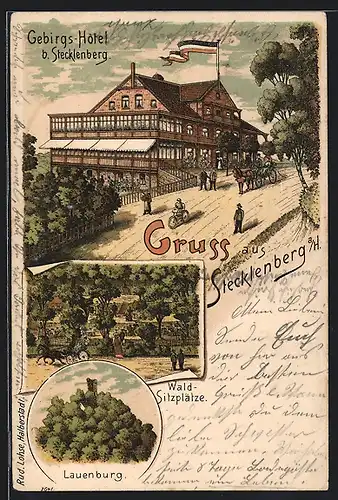 Lithographie Stecklenberg, Gebirgs-Hotel mit Gartenlokal, Lauenburg, Pferdekutsche