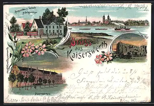 Lithographie Kaiserswerth, Restaurant z. Tonhalle, Strassenpartie am Diakonissenhaus, Ruine