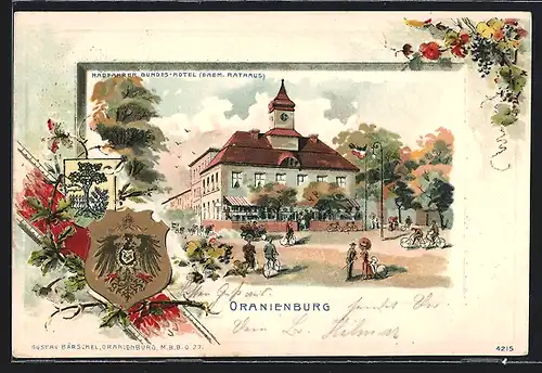 Passepartout-Lithographie Oranienburg, Am Radfahrer Bundes-Hotel, ehem. Rathaus, Wappen