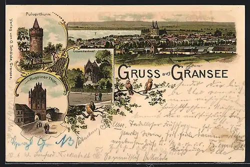 Lithographie Gransee, Pulverturm, Luisendenkmal, Strassenpartie am Ruppiner Thor, Totalansicht