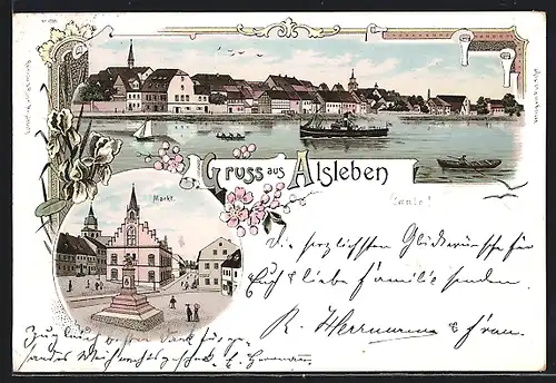 Lithographie Alsleben, Ortsansicht mit Dampfer, Markt mit Denkmal