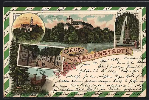 Lithographie Ballenstedt a. Harz, Westseite vom Schloss, Burg Falkenstein, Strassenpartie Allee