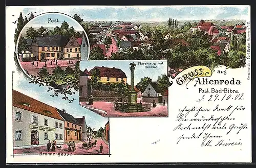 Lithographie Altenroda, Strassenpartie Brunnengasse mit Gasthaus zum Deutschen Haus, Pfarrhaus mit Denkmal, Post