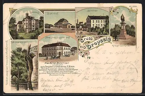 Lithographie Droyssig, Hotel Preussischer Hof, Bahnhof, Bärenzwinger