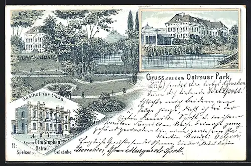 Lithographie Ostrau, Gasthof zur Linde, See im Park