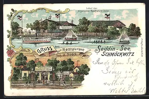 Lithographie Schmöckwitz, Restaurant Seddin-See, Dampfer und Segelschiffe vor dem Lokal der Allgemeinen Radfahrer Union