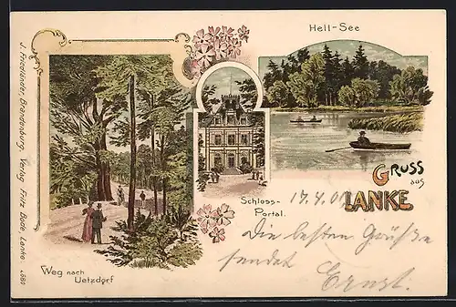 Lithographie Lanke, Strassenpartie nach Ietzdorf, Hell-See, Schloss-Portal