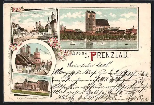 Lithographie Prenzlau, Neue Kaserne, Pulverthurm und Marktplatz