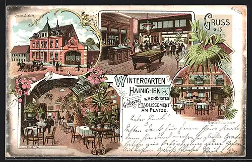 Lithographie Hainichen i. S., Restaurant Wintergarten Kronprinz, Flora, Speise- u. Gesellschaftszimmer
