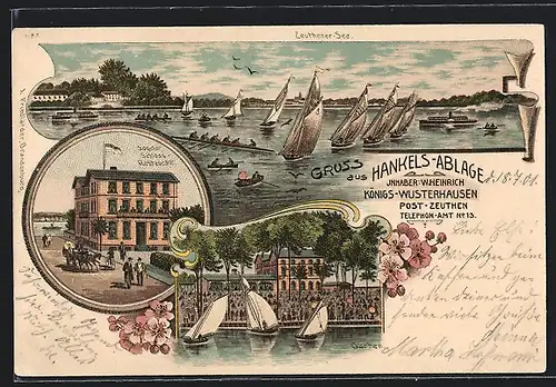 Lithographie Zeuthen, Segeler Schloss-Restaurant, Zeuthener See, Ortspartie