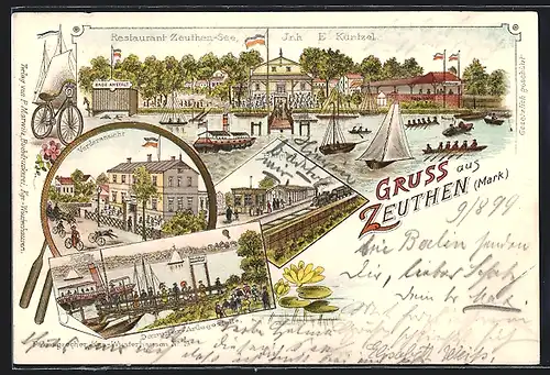 Lithographie Zeuthen /Mark, Restaurant Zeuthen-See, Dampfer an der Anlegestelle