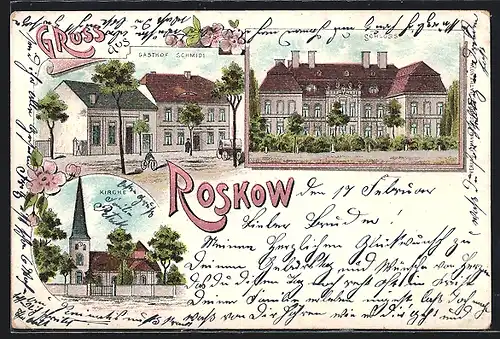 Lithographie Roskow, Gasthof Schmidi, Strassenpartie mit Schloss