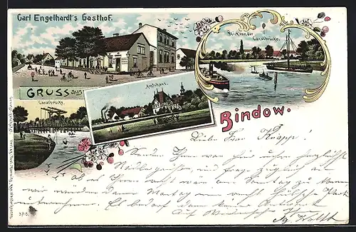 Lithographie Bindow, Carl Engelhardt`s Gasthof, Dampfer an der Canalbrücke