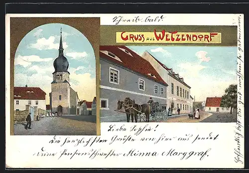 Lithographie Wetzendorf / Karsdorf, Strassenpartie mit Gasthof, Kirche