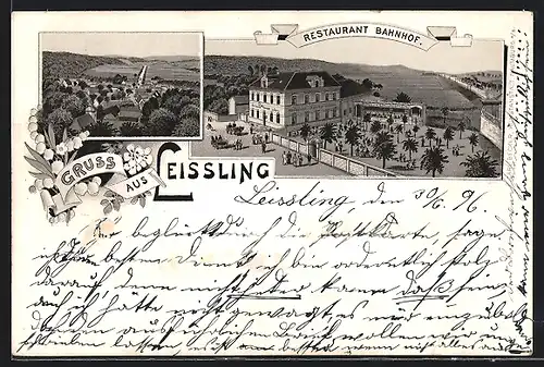 Lithographie Leissling, Restaurant Bahnhof, Ortsansicht