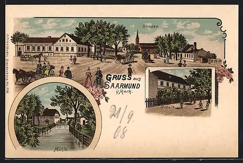 Lithographie Saarmund i. Mark, Strassenpartie mit Gasthof zur Stadt Leipzig, Mühle