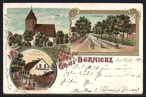 Lithographie Börnicke, Gasthof v. Fr. Parnemann, Blick in die Dorfstrasse, Kirche