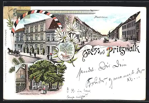 Lithographie Pritzwalk, Hotel zum schwarzen Adler, Marktstrasse mit Passanten