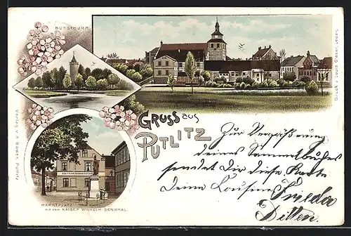 Lithographie Putlitz, Ortsansicht, Burgturm, Marktplatz mit Kaiser Wilhelm Denkmal