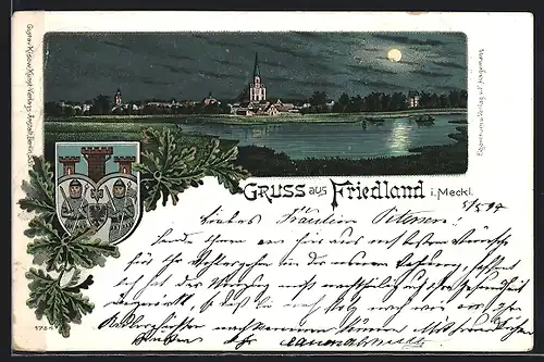 Mondschein-Lithographie Friedland i. Meckl., Ortsansicht mit Kirche vom Wasser aus