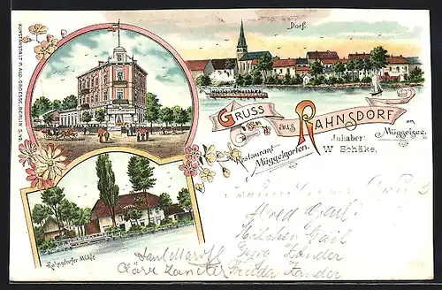 Lithographie Rahnsdorf, Dorfansicht mit Uferpartie, Mühle, Rathaus