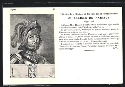AK Portrait Comte Guillaume de Hainaut von den Niederlanden, mit Ritterrüstung, Wappen