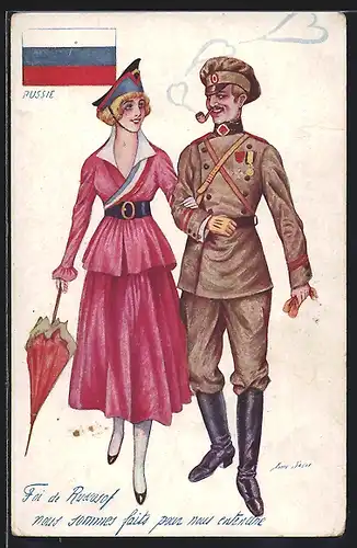 Künstler-AK Xavier Sager: Russie, Soldat und Maid