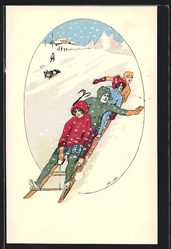 Künstler-AK Xavier Sager: Vier Rodler fahren im Schlitten bergab