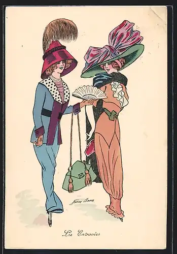 Künstler-AK Xavier Sager: Les Entravées, zwei schöne Frauen im Gespräch