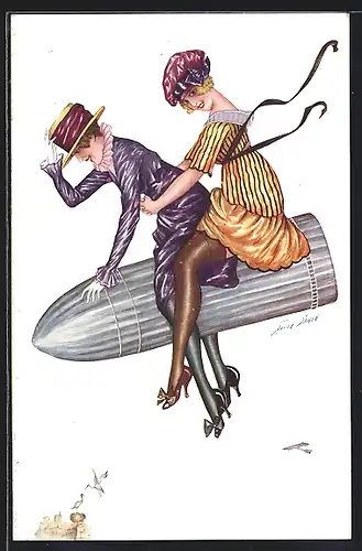 Künstler-AK Xavier Sager: Frau sitzen auf enem schweren Geschoss