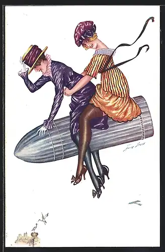 Künstler-AK Xavier Sager: Frau sitzen auf enem schweren Geschoss