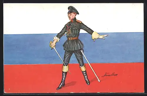 Künstler-AK Xavier Sager: Soldat mit Degen vor russischer Flagge