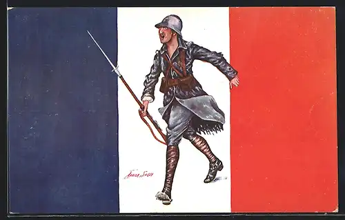 Künstler-AK Xavier Sager: Soldat mit Gewehr vor französischer Flagge