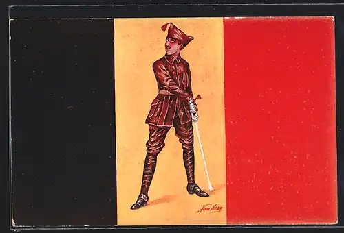 Künstler-AK Xavier Sager: Soldat mit Degen vor belgischer Flagge