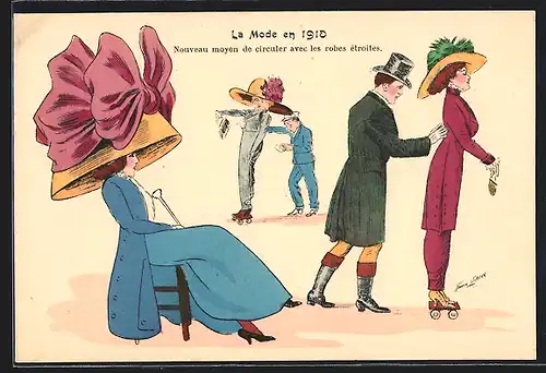 Künstler-AK Xavier Sager: La Mode en 1910, Nouveau moyen de circuler avec les robes étroites, Frauen auf Rollschuhen