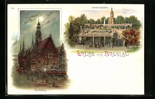 Lithographie Breslau, Gasthaus Liebichshöhe, Rathaus