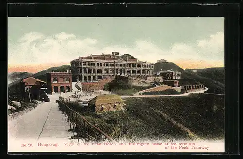 AK Hongkong, View of the Peak Hotel and the engine house at the terminus of the Peak Tramway