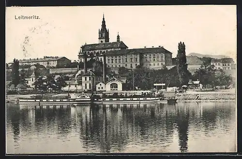 AK Leitmeritz, Uferpartie mit Dampfer Kaiser Wilhelm