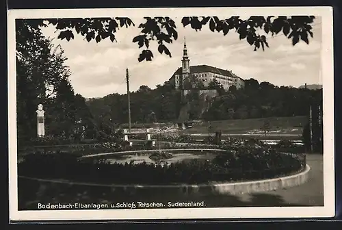 AK Bodenbach, Elbanlagen mit Schloss Tetschen