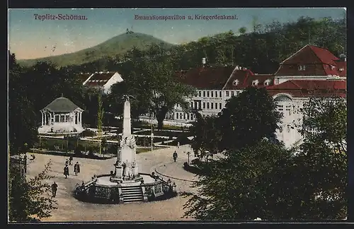 AK Teplitz-Schönau, Emanationspavillon und Kriegerdenkmal, Hotel Haus Österreich