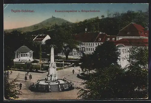 AK Teplitz-Schönau, Emanationspavillon und Kriegerdenkmal, Hotel Haus Österreich