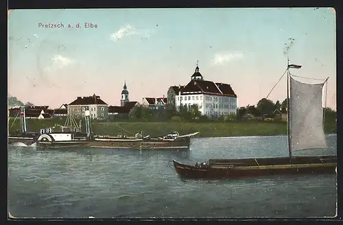 AK Pretzsch a. d. Elbe, Blick von der Elbe auf den Ort