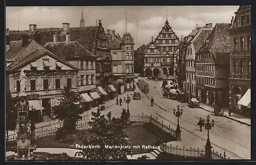 AK Paderborn, Marienplatz mit Rathaus und Strassenbahn