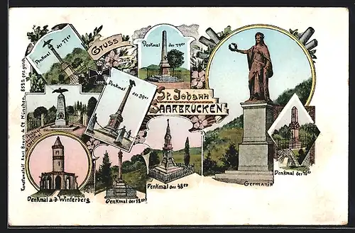 Lithographie St. Johann-Saarbrücken, Germania, Denkmäler der 39er, der 77er, der 40er