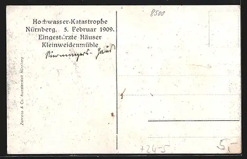 AK Nürnberg, Hochwasser-Katastrophe 05.02.1909, eingestürzte Häuser Kleinweidenmühle