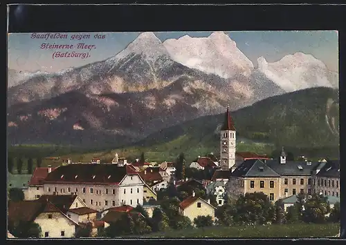 AK Saalfelden / Salzburg, Teilansicht mit Kirche und Steinerne Meer