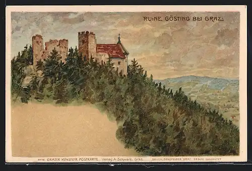 Künstler-AK Graz, Blick zur Ruine Gösting