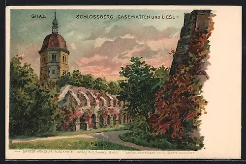 Künstler-AK Graz, Schlossberg, Casematten und Liesl